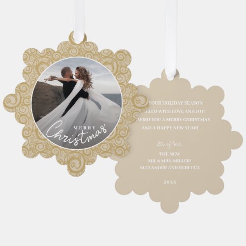 Wedding Photo on Gold Swirl Christmas  Ornament Card