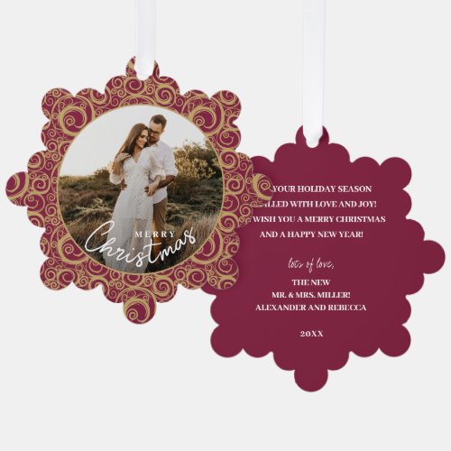 Wedding Photo on Gold Swirl Cranberry Christmas  Ornament Card