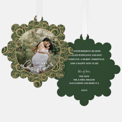 Wedding Photo on Gold Swirl Green Christmas  Ornament Card