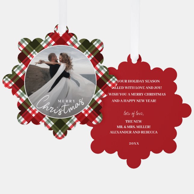 Wedding Photo on Plaid Christmas  Ornament Card (Front/Back)
