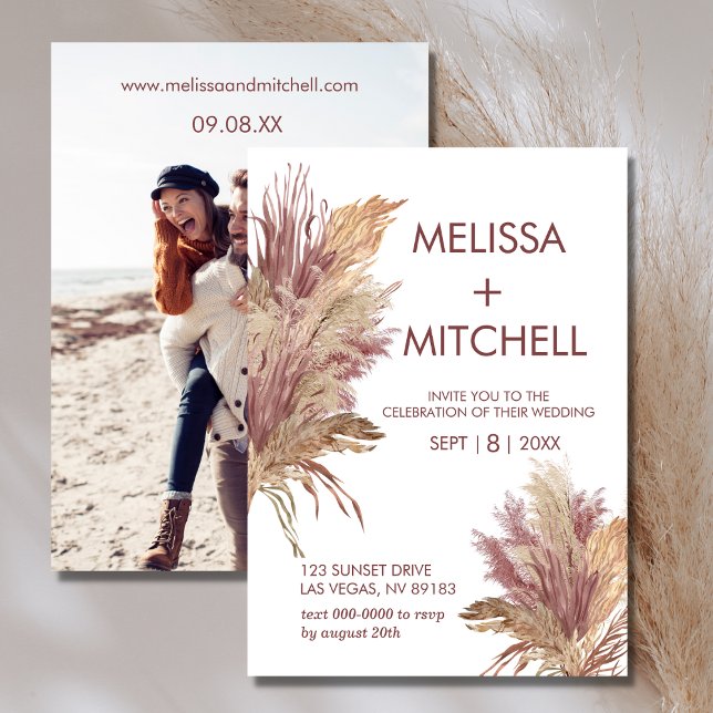 Wedding Photo Pampas Grass Elegance Mauve Pink Invitation (Creator Uploaded)