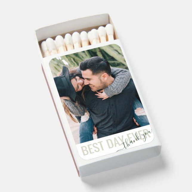 Wedding Photo Personalized Best Day Ever Green Matchboxes (Front Open)