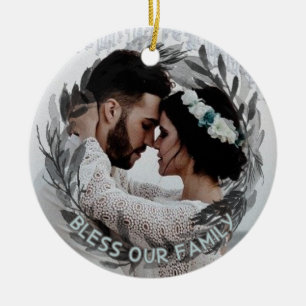 Wedding Photo Personalized Floral Wreath With Name Ceramic Ornament