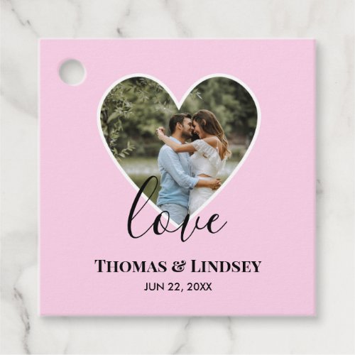 Wedding Photo Pink Heart Frame Modern Calligraphy Favor Tags