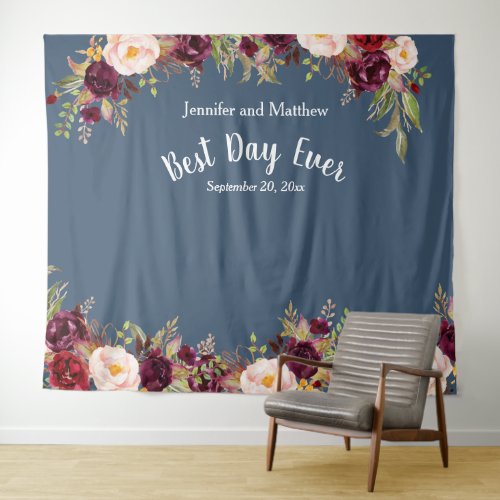 Wedding Photo Prop Watercolor Burgundy Floral Blue Tapestry