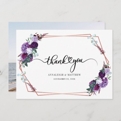 Wedding Photo Purple Floral Geometric Thank You Card