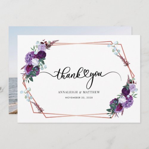 Wedding Photo Purple Floral Thank You Card