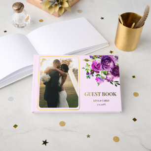 Wedding Photo Purple Floral Wedding Foil Guest Book