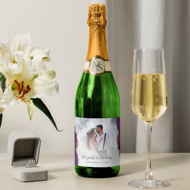 Wedding Photo Purple Gold Agate Sparkling Wine Label (Creator Uploaded)