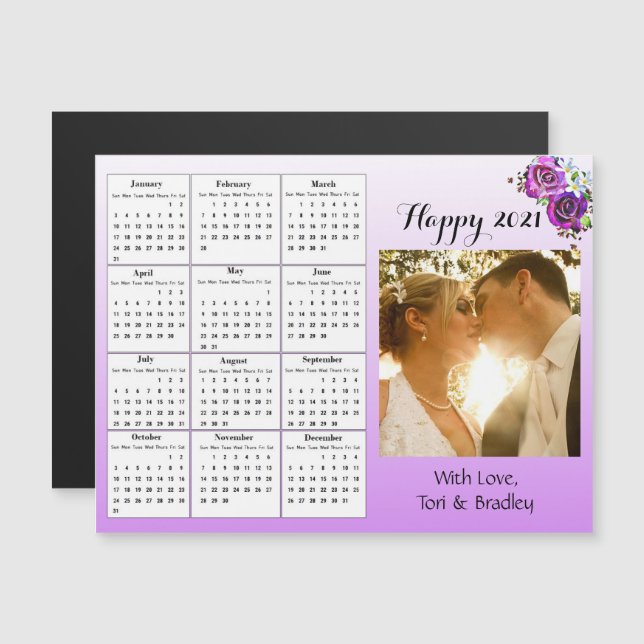 Wedding Photo Purple Roses Mini 2021 Calendar Magnetic Invitation (Front/Back)