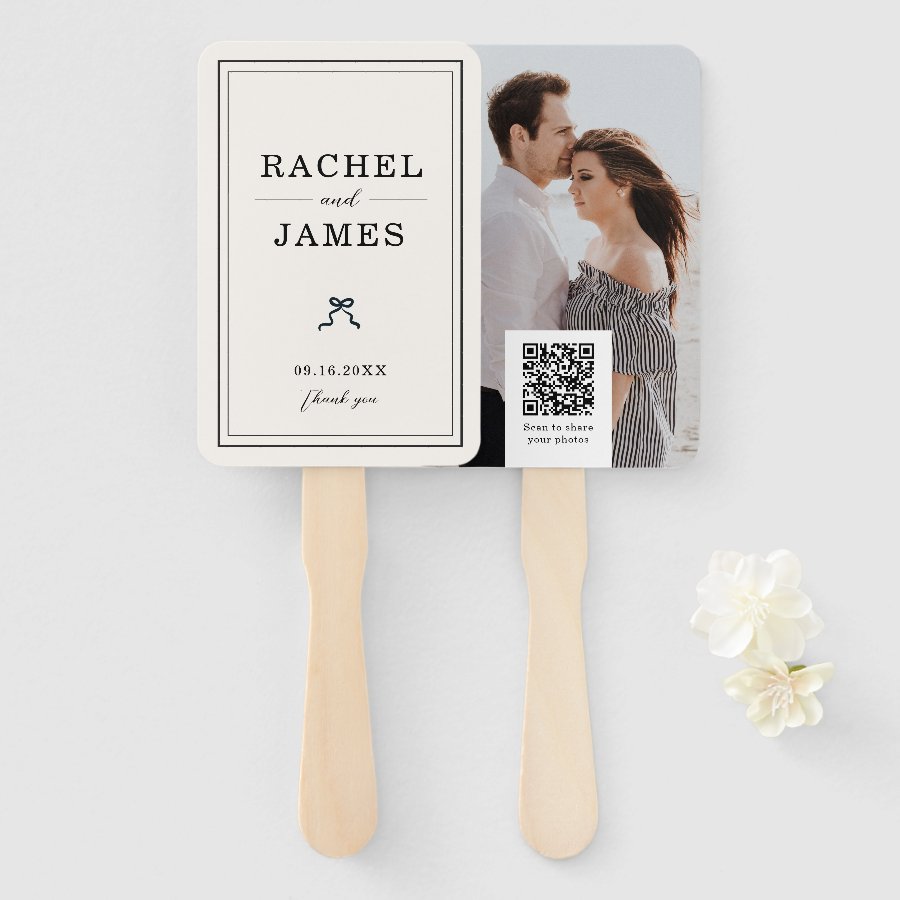 Wedding Photo QR Code Personalized Minimalist Bow Hand Fan