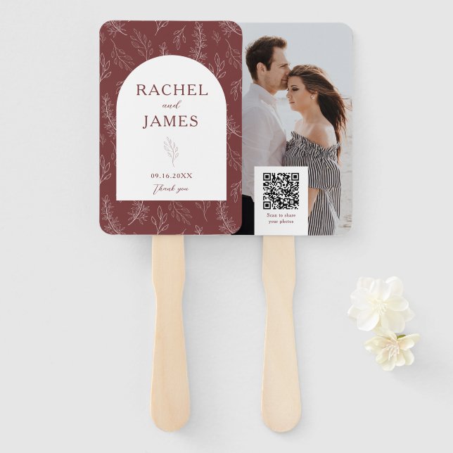 Wedding Photo QR Code Personalized Terracotta Boho Hand Fan (Front and Back)