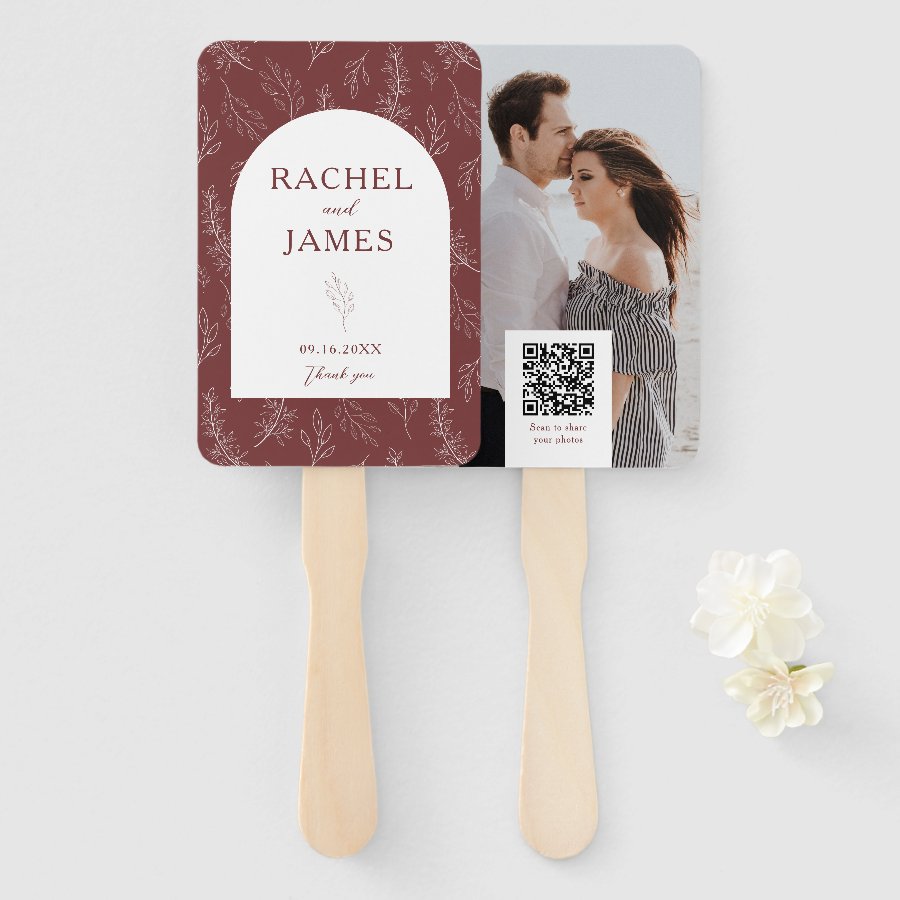 Wedding Photo QR Code Personalized Terracotta Boho Hand Fan