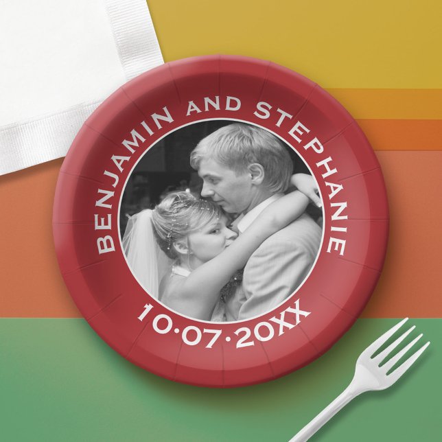 Wedding Photo - red border - modern minimal Paper Plates (Custom Paper Plate)