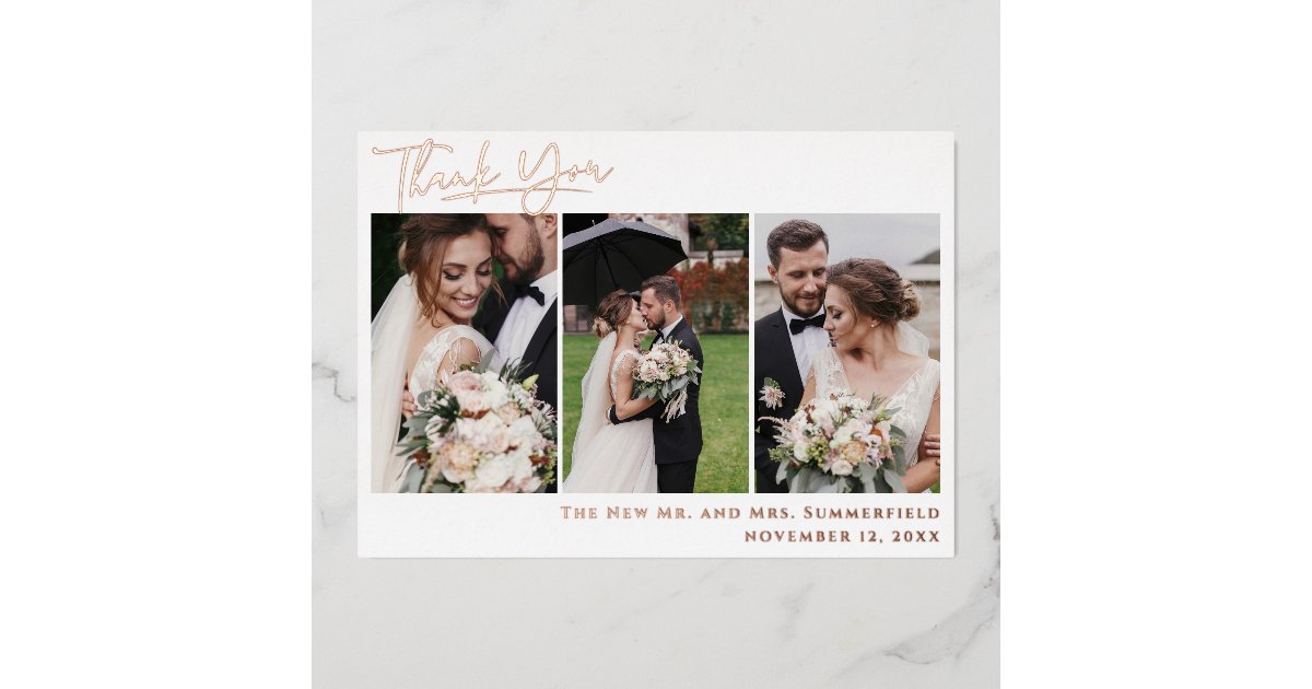 Wedding Photo Rose Gold Foil Script Thank You Card | Zazzle