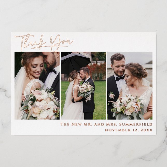 Wedding Photo Rose Gold Foil Script Thank You Card (Front)