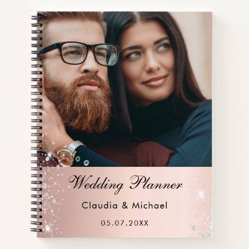 Wedding photo rose gold glitter bride  notebook