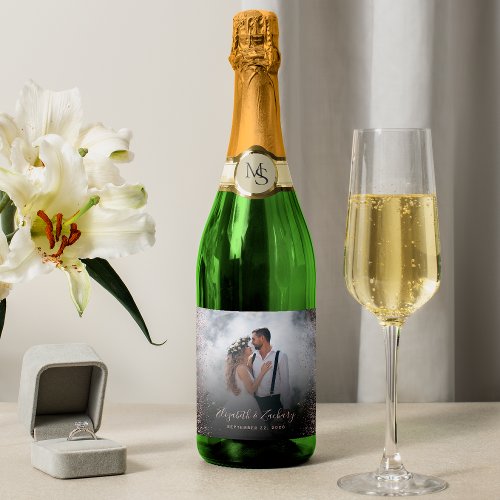 Wedding Photo Rose Gold Glitter Dark Sparkling Wine Label