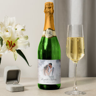 Wedding Photo Rose Gold Glitter Sparkling Wine Label