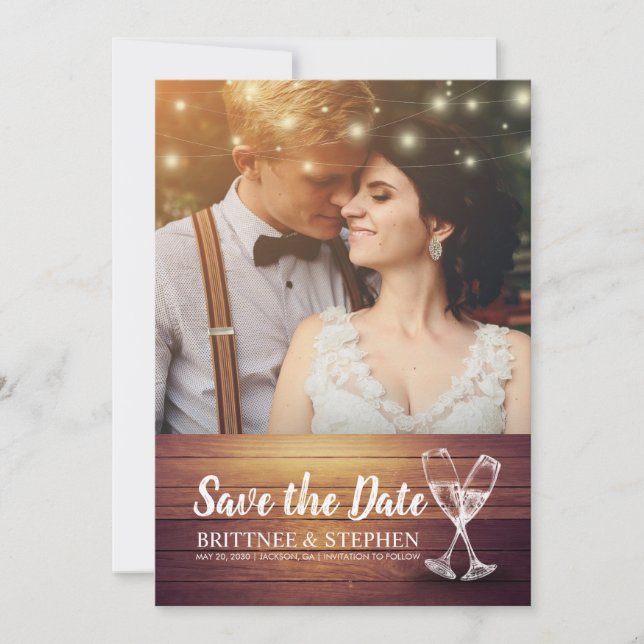 Wedding Photo Save The Date Champagne Glasses Wood (Front)