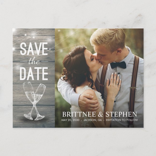 Wedding Photo Save The Date Champagne Glasses Wood Postcard (Front)