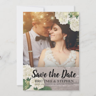 Wedding Photo Save The Date Hydrangeas Lights Wood