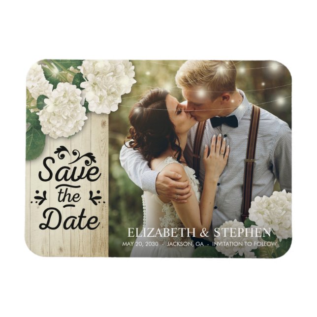 Wedding Photo Save The Date Hydrangeas Lights Wood Magnet (Horizontal)