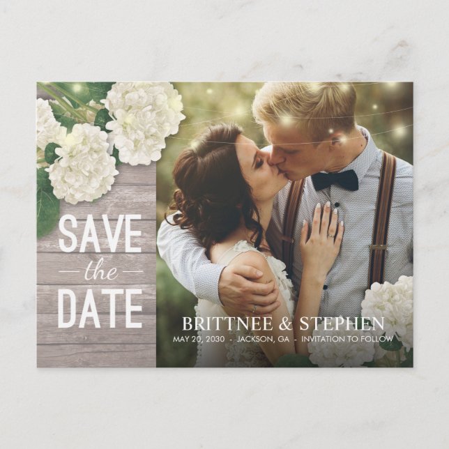 Wedding Photo Save The Date Hydrangeas Lights Wood Postcard (Front)