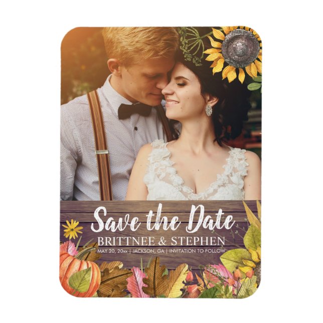 Wedding Photo Save The Date Maple Leaves Pumpkins Magnet (Vertical)