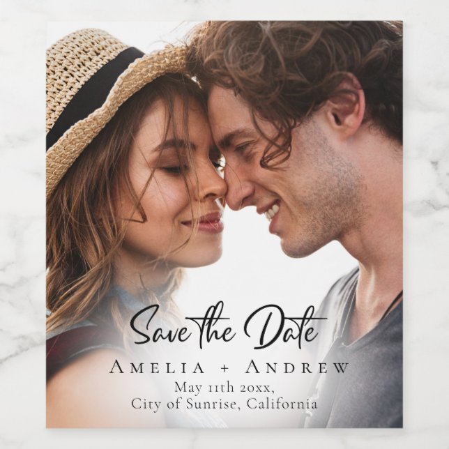 Wedding Photo Save the Date Minimalist Wine Label (Single Label)