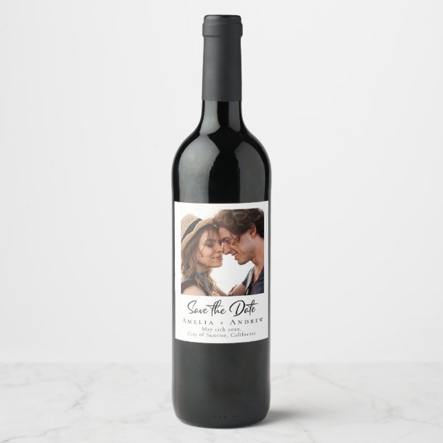 Wedding Photo Save the Date Minimalist Wine Label (Front)