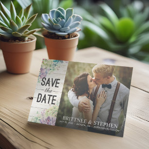 Wedding Photo Save The Date Succulents Rustic Wood