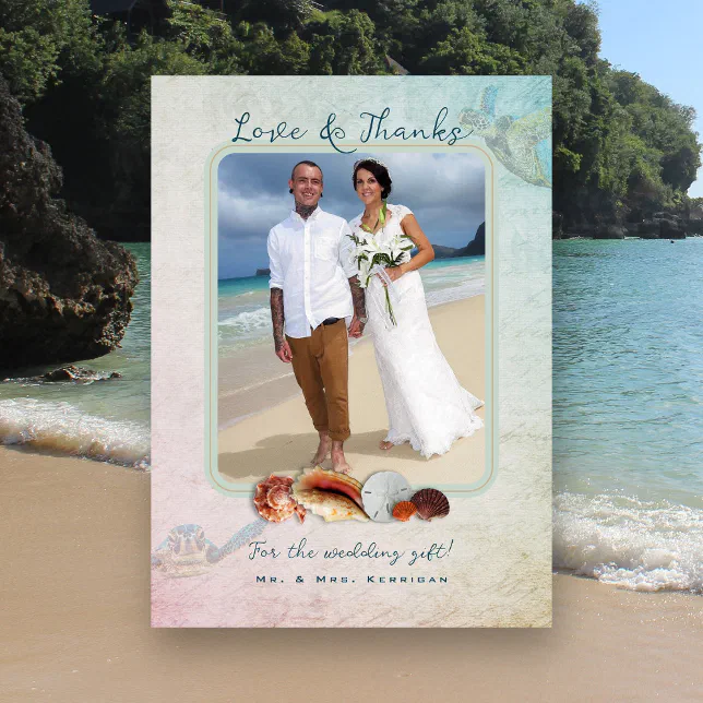 Wedding Photo Sea Turtle Beach Shells Thank You Card | Zazzle