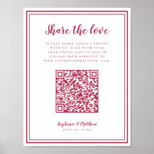 Wedding Photo Share The Love QR Scan Code Magenta Poster