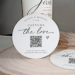 Wedding Photo Sharing QR Code Handwriting Round Paper Coaster<br><div class="desc">QR Code Wedding Coasters: Help guests share their favorite moments with this modern “capture the love” QR code coaster. Guests simply scan the code to upload photos to your wedding photo sharing site—a fun and functional detail that perfectly matches your reception decor.</div>