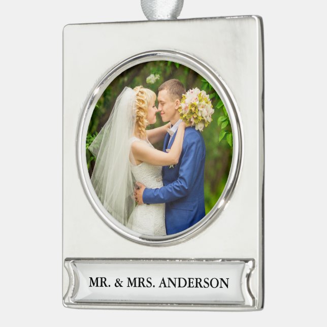 Wedding Photo Silver Plated Banner Ornament (Left)