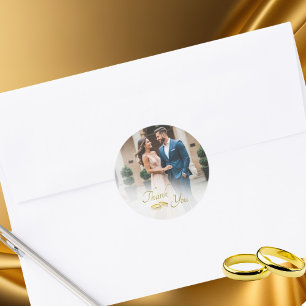 Wedding Photo Simple Gold Rings Thank You Classic Round Sticker