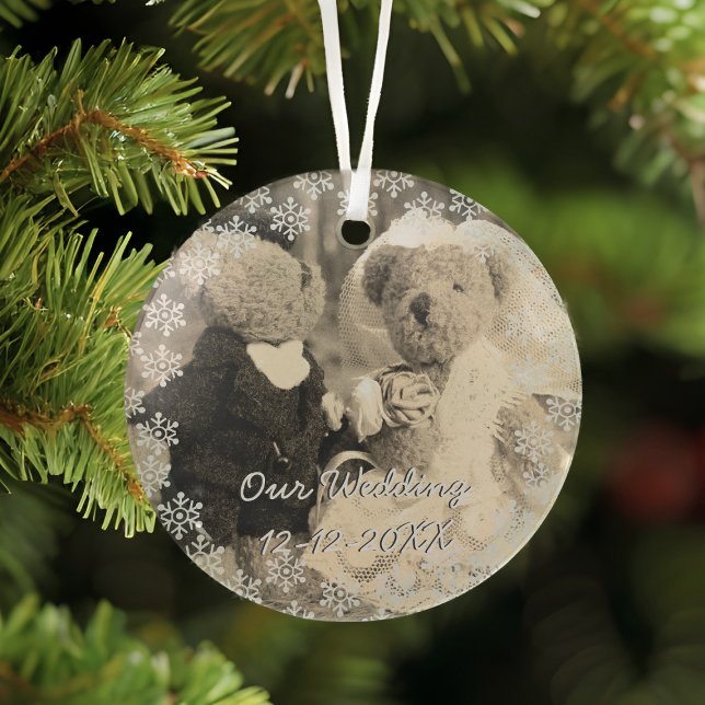 Wedding Photo Snowflake Frame Bride & Groom Glass Ornament (Upload your photo to this snowflake framed ornament. Add your special date too)