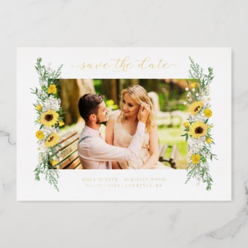 Wedding Photo Sunflowers Garland Chic Spring Foil Invitation