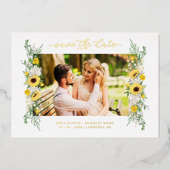 Wedding Photo Sunflowers Garland Chic Spring Foil Invitation (Front)