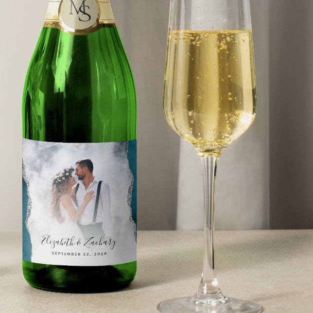 Wedding Photo Teal Silver Agate Sparkling Wine Label (Creator Uploaded)