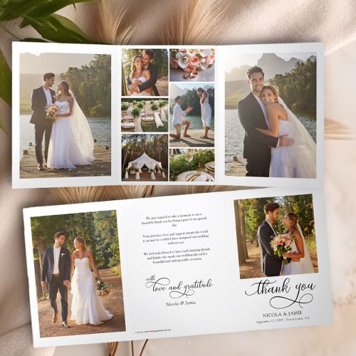 Wedding Photo Thank You 10 Pic Elegant Calligraphy Tri_Fold Card