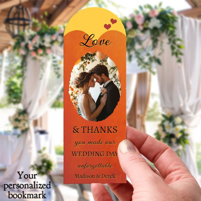 Wedding Photo Thank You Bookmarks (Wedding favor bookmark featuring your custom photos framed by a burgundy design with hearts)