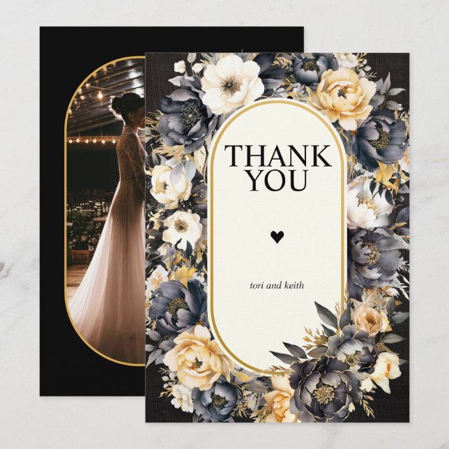 Wedding Photo Thank You Card Black Floral (Front/Back)