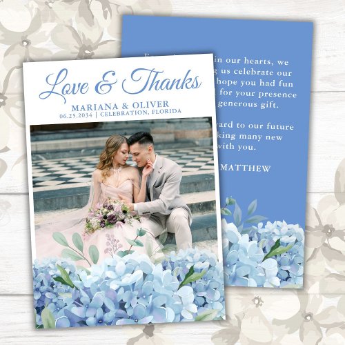 Wedding Photo Thank You Card Blue Hydrangea Floral