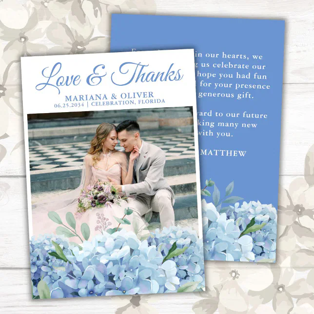 Wedding Photo Thank You Card Blue Hydrangea Floral | Zazzle