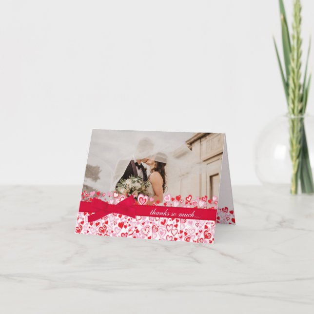 Wedding photo thank you card hearts & red ribbon (Front)