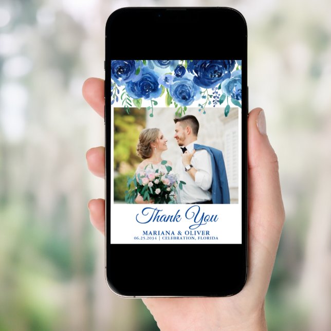 Wedding Photo Thank You Card Navy Blue Floral (Front Digital)