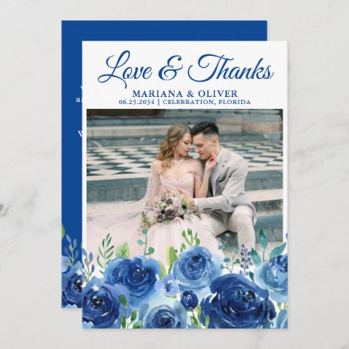 Wedding Photo Thank You Card Navy Blue Floral