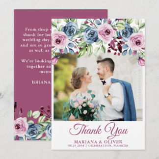 Wedding Photo Thank You Card Navy Blue Wine Floral